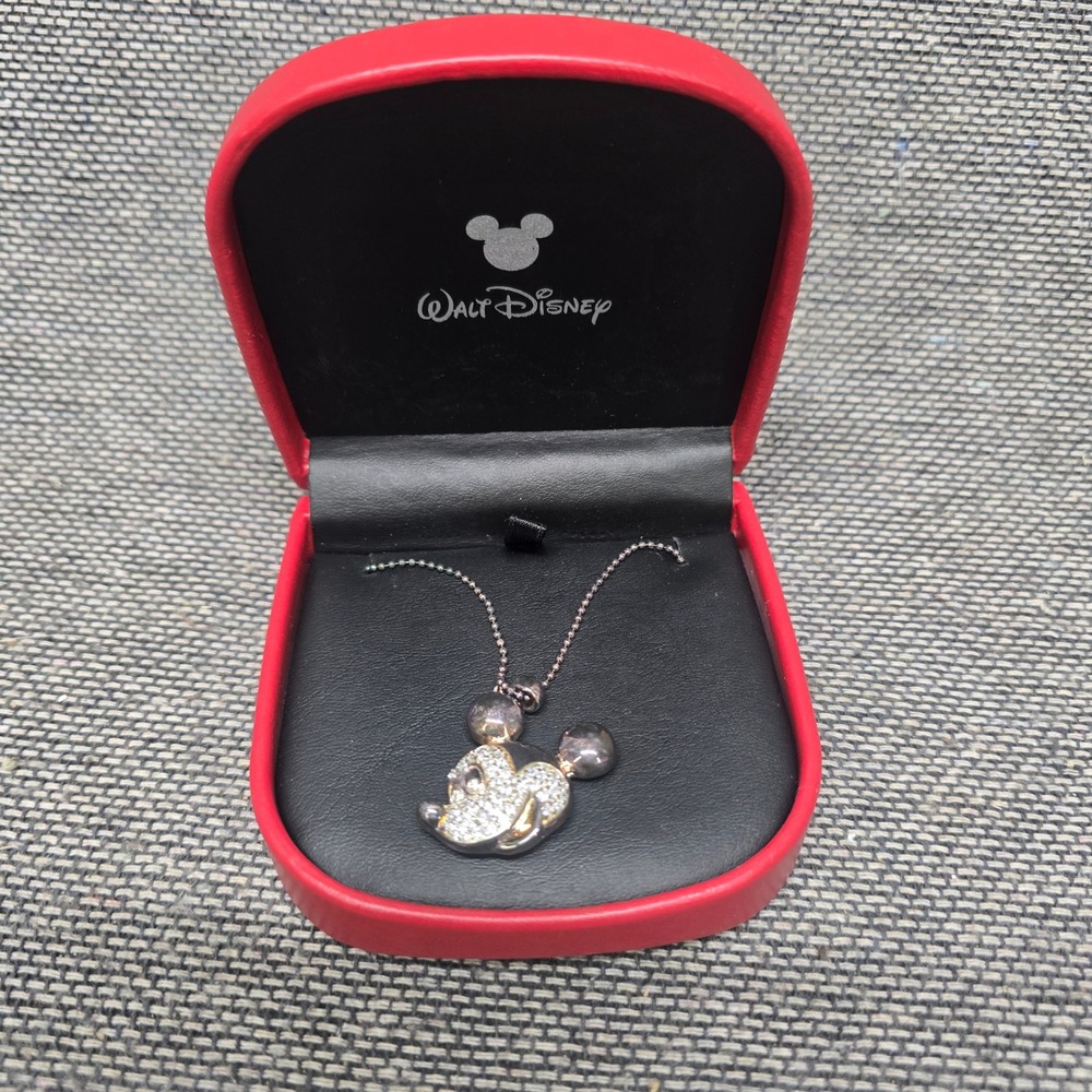 Disney Mickey Mouse Crystal Pendant Necklace Silver Gold Tone Box OS Sparkly